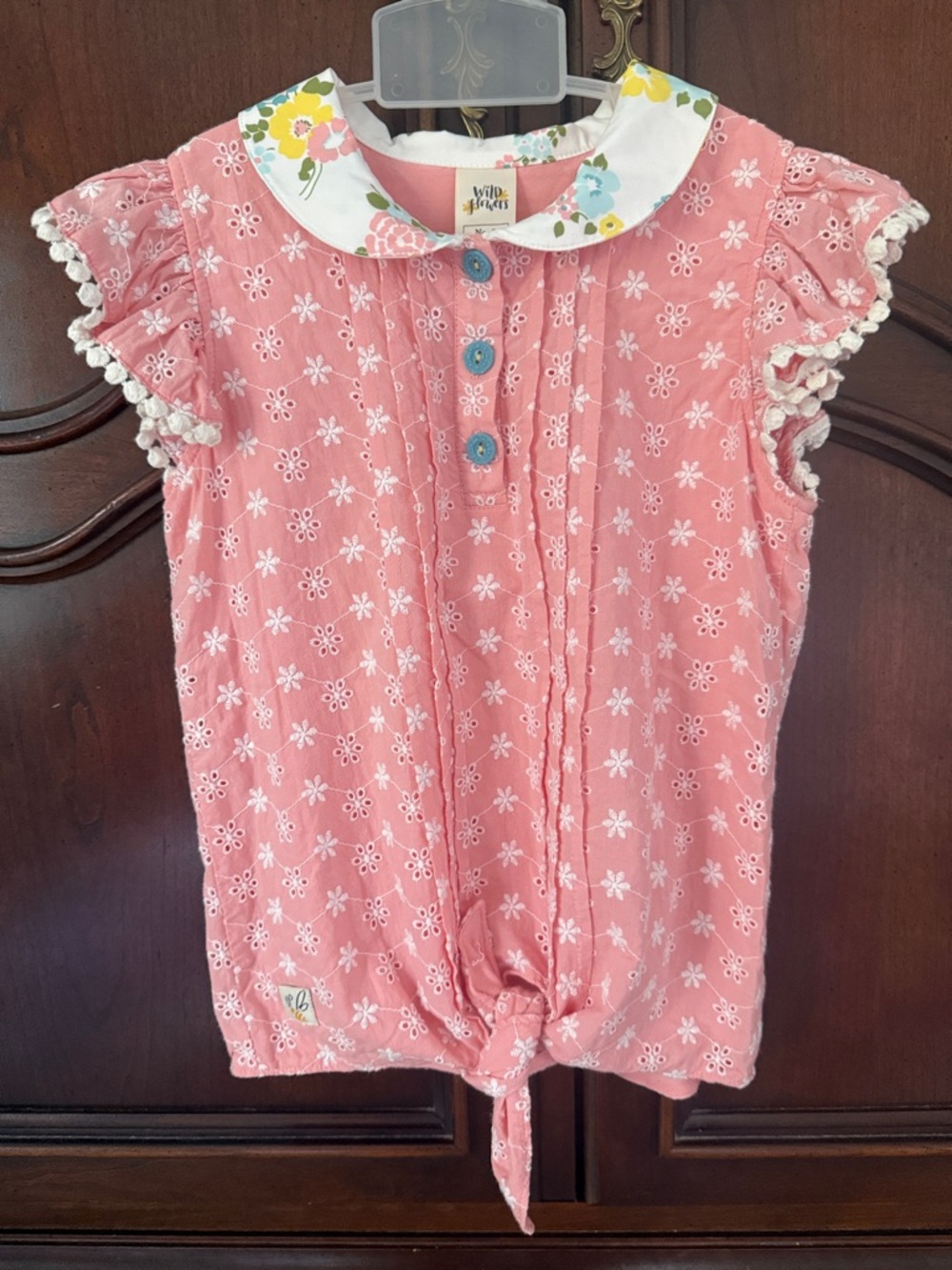 Wild Flowers Girls Eyelet Top Size 8 Pink Floral Peter Pan Collar Cottagecore